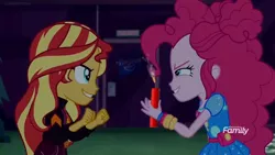 Size: 1216x684 | Tagged: safe, derpibooru import, edit, edited screencap, screencap, pinkie pie, sunset shimmer, equestria girls, equestria girls series, sunset's backstage pass!, spoiler:eqg series (season 2), clothes, dynamite, evil grin, explosives, grin, hasbro, smiling, the end of equestria girls, this will end in death, this will end in tears, this will end in tears and/or death, this will not end well