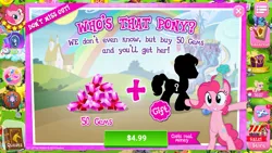 Size: 1280x720 | Tagged: safe, derpibooru import, screencap, cup cake, lucky clover, pinkie pie, alicorn, pony, costs real money, gameloft, gem, hat, magnet, party hat, twilight's castle, who's that pony