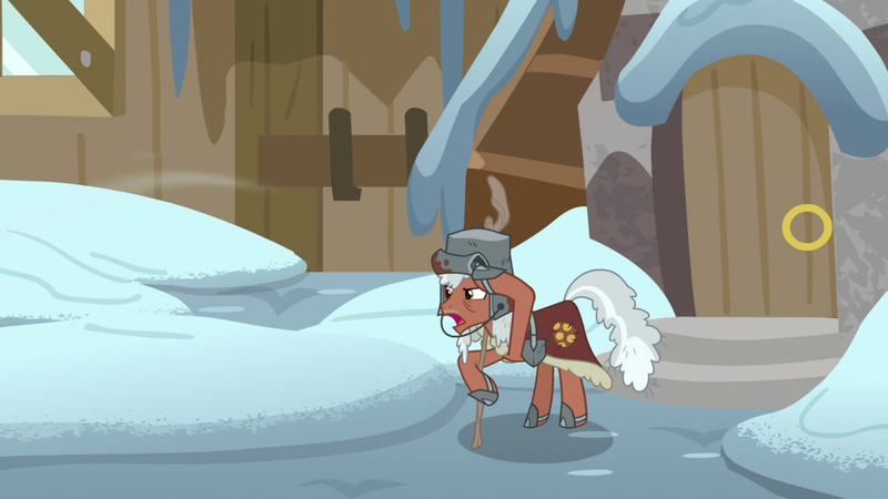 Size: 1920x1080 | Tagged: safe, derpibooru import, screencap, rusty bucket, earth pony, pony, frenemies (episode), clothes, helmet, male, snow, solo, stallion