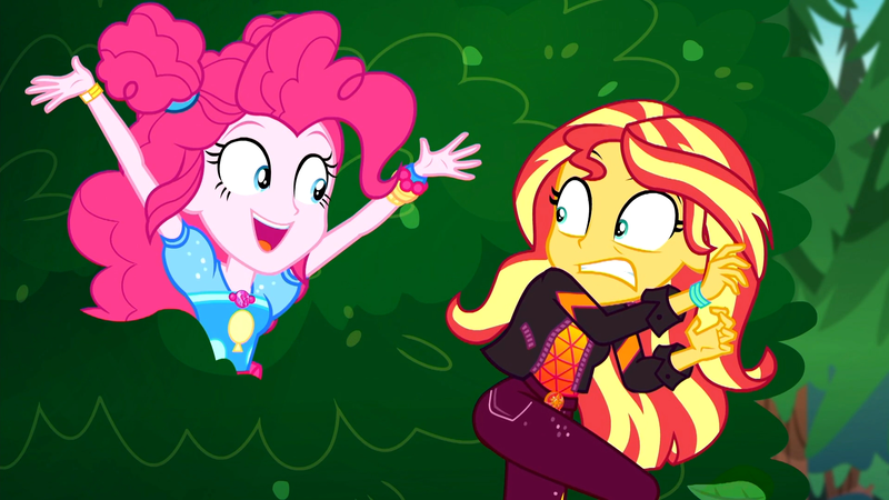 Size: 1918x1080 | Tagged: safe, derpibooru import, screencap, pinkie pie, sunset shimmer, equestria girls, equestria girls series, sunset's backstage pass!, spoiler:eqg series (season 2), arms in the air, cute, diapinkes, duo, duo female, female, geode of empathy, geode of sugar bombs, happy, magical geodes, open mouth, pinkie being pinkie, shocked, shocked expression, smiling