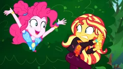 Size: 1918x1080 | Tagged: safe, derpibooru import, screencap, pinkie pie, sunset shimmer, equestria girls, equestria girls series, sunset's backstage pass!, spoiler:eqg series (season 2), arms in the air, cute, diapinkes, duo, duo female, female, geode of empathy, geode of sugar bombs, happy, magical geodes, open mouth, pinkie being pinkie, shocked, shocked expression, smiling