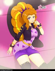 Size: 1073x1387 | Tagged: safe, alternate version, artist:clouddg, derpibooru import, adagio dazzle, human, equestria girls, equestria girls series, find the magic, spoiler:eqg series (season 2), bracelet, breasts, busty adagio dazzle, clothes, female, human coloration, jacket, lipstick, looking at you, sexy, shorts, solo, spiked wristband, thighs, wristband