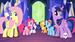 Size: 400x225 | Tagged: safe, derpibooru import, screencap, applejack, fluttershy, pinkie pie, rainbow dash, rarity, twilight sparkle, twilight sparkle (alicorn), alicorn, earth pony, pegasus, pony, unicorn, twilight's kingdom, all new, animated, cute, dancing, happy, hub logo, let the rainbow remind you, looking at you, mane six, perfect loop, talking, text, twilight's castle