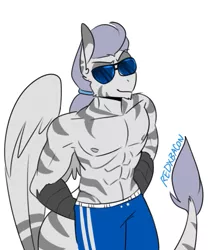 Size: 485x576 | Tagged: safe, artist:redxbacon, derpibooru import, oc, oc:zerstörer, oc:zulu, unofficial characters only, anthro, gryphon, hippogriff, hybrid, original species, unguligrade anthro, zebra, zebragriff, clothes, leonine tail, partial nudity, patreon, patreon reward, signature, simple background, smug, swimming trunks, topless, white background, zerb