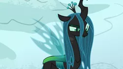 Size: 1280x720 | Tagged: changeling, changeling queen, crown, derpibooru import, eyeshadow, female, former queen chrysalis, frenemies (episode), frown, insect wings, jewelry, makeup, queen chrysalis, raised eyebrow, regalia, safe, screencap, slit eyes, solo, thinking, wings
