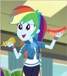 Size: 824x932 | Tagged: safe, derpibooru import, edit, edited screencap, screencap, rainbow dash, equestria girls, equestria girls series, overpowered (equestria girls), clothes, cropped, female, food, geode of super speed, hot dog, magical geodes, meat, mustard, sauce, sausage, solo