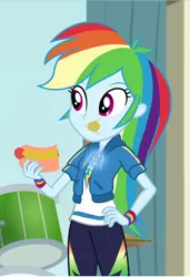 Size: 704x1032 | Tagged: safe, derpibooru import, edit, edited screencap, screencap, rainbow dash, equestria girls, equestria girls series, overpowered (equestria girls), chewing, clothes, cropped, eating, female, food, geode of super speed, hot dog, magical geodes, meat, messy eating, mustard, sauce, sausage, solo