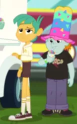 Size: 334x538 | Tagged: safe, derpibooru import, screencap, snails, snips, equestria girls, equestria girls series, sunset's backstage pass!, spoiler:eqg series (season 2), clothes, converse, cropped, duo, hat, legs, male, pants, shoes, shorts, socks