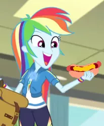 Size: 238x289 | Tagged: safe, derpibooru import, edit, edited screencap, screencap, rainbow dash, equestria girls, equestria girls series, overpowered (equestria girls), backpack, cheese, chili, chili dog, chilli, clothes, cropped, female, food, geode of super speed, hot dog, magical geodes, meat, ponytail, sausage
