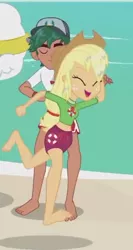 Size: 288x540 | Tagged: safe, derpibooru import, screencap, applejack, bulk biceps, timber spruce, equestria girls, equestria girls series, turf war, applejack's hat, barefoot, beach, clothes, cowboy hat, eyes closed, feet, female, geode of super strength, hat, legs, lifeguard, lifeguard applejack, lifeguard timber, magical geodes, male, male feet, offscreen character, shorts, spread toes, wet hair