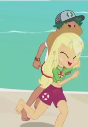 Size: 373x540 | Tagged: safe, derpibooru import, screencap, applejack, timber spruce, equestria girls, equestria girls series, turf war, applejack's hat, barefoot, clothes, cowboy hat, feet, female, geode of super strength, happy, hat, legs, lifeguard, lifeguard applejack, lifeguard timber, magical geodes, male, male feet, running, shorts, toes, wet hair