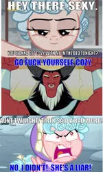 Size: 640x1068 | Tagged: suggestive, derpibooru import, edit, edited screencap, editor:undeadponysoldier, screencap, cozy glow, lord tirek, twilight sparkle, centaur, pegasus, pony, frenemies (episode), school raze, angry, armpits, bedroom eyes, caption, clothes, cozy glow is best facemaker, dialogue, discovery family logo, faic, female, filly, foal, freckles, hat, image macro, implied cozirek, implied foalcon, implied interspecies, implied sex, looking at you, meme, narrowed eyes, nose piercing, nose ring, nubile, piercing, seductive, sexy, smiling, sweat, talking to viewer, text, vulgar, winter outfit, yelling