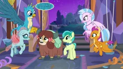 Size: 1280x720 | Tagged: bowtie, cute, derpibooru import, diaocelles, diastreamies, edit, edited screencap, gallabetes, gallus, implied fluttershy, jewelry, necklace, ocellus, safe, sandabetes, sandbar, school of friendship, screencap, she's all yak, silverstream, smolder, smolderbetes, speech, speech bubble, student six, talking, yona, yonadorable