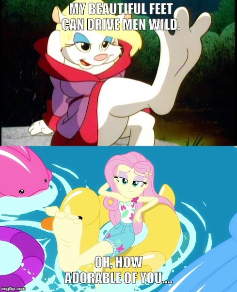 Size: 500x613 | Tagged: safe, derpibooru import, screencap, fluttershy, equestria girls, equestria girls series, i'm on a yacht, spoiler:eqg series (season 2), animaniacs, barefoot, caption, comparison, eyeshadow, feet, fetish, floaty, flutterfeet, foot fetish, image macro, makeup, meme, minerva mink, sexy, soles, text, toes, wiggling toes