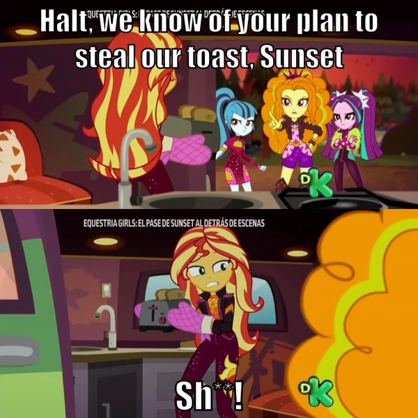 Size: 710x710 | Tagged: safe, derpibooru import, edit, edited screencap, screencap, adagio dazzle, aria blaze, sonata dusk, sunset shimmer, equestria girls, equestria girls series, sunset's backstage pass!, spoiler:eqg series (season 2), bread, caught, female, food, funny, guilty, meme, pointing, the dazzlings, toast, vulgar