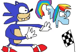 Size: 697x480 | Tagged: artist:ilikepronyz, crossover, derpibooru import, gotta go fast, racing, rainbow dash, safe, sanic, sonic the hedgehog, sonic the hedgehog (series), stylistic suck, wat, wtf