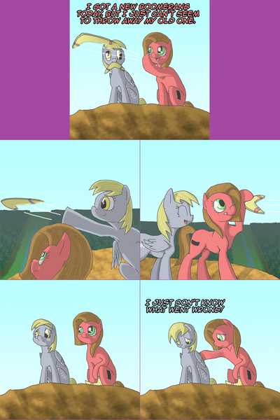 Size: 1602x2406 | Tagged: safe, artist:crispokefan, derpibooru import, derpy hooves, oc, oc:pun, earth pony, pegasus, pony, ask pun, ask, boomerang, comic, duo, duo female, female, i just don't know what went wrong, mare, sitting