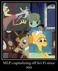 Size: 710x878 | Tagged: safe, derpibooru import, screencap, danny torrance, discord, doctor whooves, grand pear, time turner, pony, make new friends but keep discord, slice of life (episode), the perfect pear, the return of harmony, danny trottance, glow, lever, lightning, male, meme, pear jam, science fiction, smiling, time travel