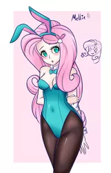 Size: 900x1400 | Tagged: adorasexy, artist:melliedraws, breasts, bunny suit, clothes, cuffs (clothes), cute, derpibooru import, fluttershy, high-cut clothing, human, humanized, leotard, pantyhose, rarity, sexy, shyabetes, starry eyes, suggestive, wingding eyes