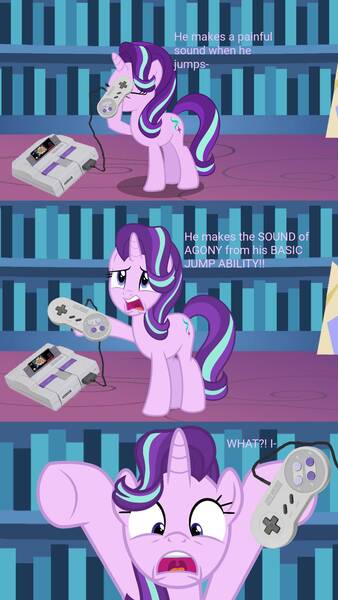 Size: 1080x1920 | Tagged: safe, derpibooru import, edit, edited screencap, screencap, starlight glimmer, pony, glim glam, jontron, shocked, space ace, space ace!, super nintendo, super nintendo entertainment system, twilight's castle, wat