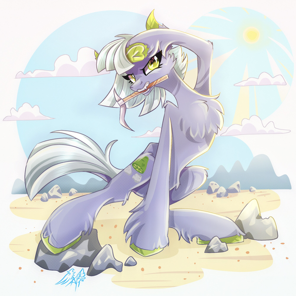 Size: 2000x2000 | Tagged: safe, artist:alexbluebird, derpibooru import, limestone pie, earth pony, pony, chest fluff, colored hooves, female, frog (hoof), mare, mouth hold, pickaxe, rock farm, signature, solo, sun, underhoof, unshorn fetlocks