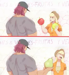 Size: 1903x2048 | Tagged: safe, artist:sundown, derpibooru import, applejack, oc:barley, human, 2 panel comic, annoyed, apple, applejack's hat, comic, cowboy hat, female, food, freckles, hat, humanized, image, jpeg, looking at each other, looking away, male, open mouth, pear, spanish