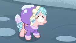 Size: 1920x1080 | Tagged: safe, derpibooru import, screencap, cozy glow, pegasus, pony, frenemies (episode), clothes, female, filly, foal, hat, looking up, shrunken pupils, solo, winter outfit