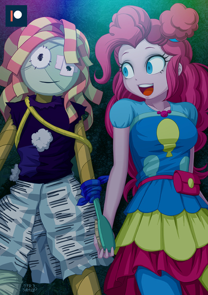 Size: 707x1000 | Tagged: safe, alternate version, artist:uotapo, derpibooru import, pinkie pie, sunset shimmer, equestria girls, equestria girls series, sunset's backstage pass!, spoiler:eqg series (season 2), actual sunset shimmer, blushing, dummy, eye contact, holding hands, implied lesbian, insanity, looking at each other, madness, mannequin, otaku date, smiling, what a twist, yandere, yandere pie