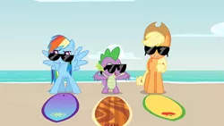 Size: 2048x1152 | Tagged: safe, derpibooru import, screencap, applejack, gladys, rainbow dash, spike, dragon, pegasus, pony, equestria hills 90210, applejack's hat, beach, cowboy hat, female, hat, male, sunglasses, surfboard, winged spike