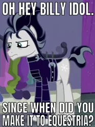 Size: 640x861 | Tagged: safe, derpibooru import, edit, edited screencap, editor:undeadponysoldier, screencap, snow hope, earth pony, pony, fake it 'til you make it, billy idol, caption, cropped, goth, gothic eyeliner, image macro, makeup, male, meme, stallion, text