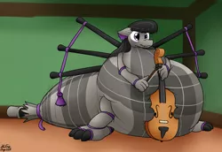 Size: 2746x1892 | Tagged: safe, artist:the-furry-railfan, derpibooru import, octavia melody, dragon, original species, bagpipe dragon, bagpipes, belly, big belly, bow (instrument), cello, cello bow, dragonified, huge belly, impossibly large belly, indoors, inflation, musical instrument, sitting, species swap, squishy, story included, surprised, tartan, transformation