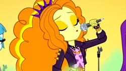 Size: 1914x1080 | Tagged: safe, derpibooru import, screencap, adagio dazzle, aria blaze, sonata dusk, equestria girls, equestria girls series, sunset's backstage pass!, spoiler:eqg series (season 2), bracelet, clothes, eyes closed, female, green smoke, jacket, microphone, offscreen character, singing, spiked wristband, the dazzlings, wristband