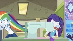 Size: 1462x827 | Tagged: safe, derpibooru import, screencap, rainbow dash, rarity, equestria girls, equestria girls series, sock it to me, spoiler:choose your own ending (season 2), spoiler:eqg series (season 2), bracelet, canterlot high, frustrated, geode of shielding, hallway, impatient, jewelry, locker, lockers, magical geodes, rainbow dash is not amused, rarity's glasses, sewing, sewing machine, sock, sock it to me: rarity, unamused