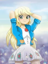 Size: 480x633 | Tagged: safe, artist:lovelygirlmusicer, derpibooru import, applejack, equestria girls, equestria girls series, sunset's backstage pass!, spoiler:eqg series (season 2), clothes, cute, female, hatless, jackabetes, loose hair, missing accessory, smiling, solo