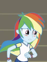 Size: 627x827 | Tagged: safe, derpibooru import, screencap, rainbow dash, equestria girls, equestria girls series, sock it to me, sock it to me: bulk biceps, spoiler:choose your own ending (season 2), spoiler:eqg series (season 2), blushing, embarrassed, solo