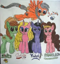 Size: 2974x3132 | Tagged: safe, artist:drawinginlove, derpibooru import, ponified, pony, colette, group, image, jpeg, nicky, pamela, paulina, thea sisters, traditional art, violet (thea sister)