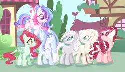 Size: 2720x1568 | Tagged: safe, artist:6-fingers-lover, artist:selenaede, derpibooru import, oc, oc:angel blue, oc:heartbeat, oc:lucky hoof (6-fingers-lover), oc:poison ivy, oc:sugar cane, oc:white diamond, unofficial characters only, dracony, dragon, earth pony, hybrid, pegasus, pony, unicorn, base used, choker, female, interspecies offspring, magical lesbian spawn, mare, nose piercing, nose ring, offspring, parent:applejack, parent:derpy hooves, parent:double diamond, parent:fluttershy, parent:pinkie pie, parent:princess ember, parent:rainbow dash, parent:rarity, parent:sugar belle, parent:twilight sparkle, parents:derpity, parents:doublejack, parents:embershy, parents:sugarpie, parents:twidash, piercing