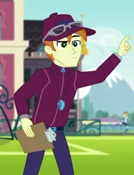 Size: 520x677 | Tagged: safe, derpibooru import, screencap, coach rommel, rainbow dash, equestria girls, equestria girls series, sock it to me, spoiler:choose your own ending (season 2), spoiler:eqg series (season 2), cap, clothes, cropped, hat, pants, sock it to me: trixie