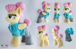 Size: 1116x716 | Tagged: safe, artist:meplushyou, derpibooru import, fluttershy, pegasus, pony, fake it 'til you make it, alternate hairstyle, clothes, female, frown, hair bun, irl, looking at you, mare, outfit, photo, plushie, severeshy, solo, unamused