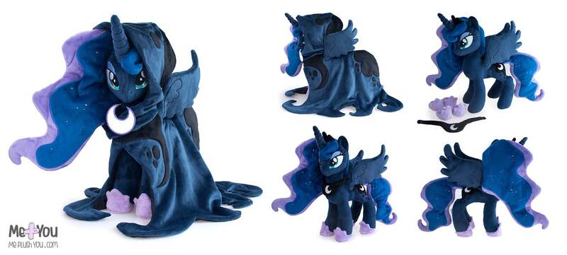 Size: 1331x600 | Tagged: safe, artist:meplushyou, derpibooru import, princess luna, spirit of hearth's warming yet to come, alicorn, pony, a hearth's warming tail, female, hoof shoes, irl, jewelry, mare, peytral, photo, plushie, regalia, simple background, smiling, solo, spread wings, white background, wings