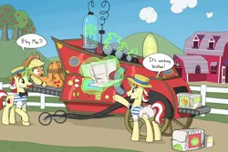 Size: 3000x2000 | Tagged: semi-grimdark, suggestive, artist:skitter, derpibooru import, applejack, big macintosh, flam, flim, granny smith, earth pony, pony, unicorn, apple, apple tree, applejack's hat, barn, bondage, bound, bowtie, clothes, cloud, cowboy hat, cutie mark diapers, diaper, diaper fetish, diaper tf, facial hair, female, fence, fetish, flim flam brothers, glowing horn, hat, hogtied, horn, imminent transformation, implied apple bloom, implied big macintosh, implied granny smith, inanimate tf, machine, magic, male, mare, moustache, on back, open mouth, outdoors, raised hoof, rope, scared, shocked, shrunken pupils, smiling, speech bubble, stallion, sweet apple acres, talking, telekinesis, transformation, tree
