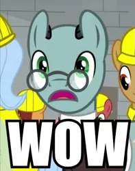 Size: 425x539 | Tagged: safe, derpibooru import, edit, edited screencap, screencap, sans smirk, earth pony, pony, the last laugh, caption, cheese's factory, glasses, image macro, impressed, meme, open mouth, solo, text, wow