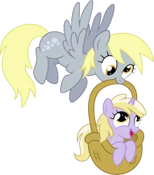 Size: 9069x10313 | Tagged: safe, artist:agamnentzar, artist:tryhardbrony, derpibooru import, derpy hooves, dinky hooves, pegasus, pony, absurd resolution, basket, cute, equestria's best mother, female, mare, pony in a basket, simple background, transparent background, vector