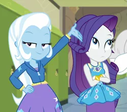 Size: 911x800 | Tagged: safe, derpibooru import, screencap, bulk biceps, rarity, trixie, equestria girls, equestria girls series, sock it to me, spoiler:choose your own ending (season 2), spoiler:eqg series (season 2), bracelet, canterlot high, clothes, cropped, crossed arms, duo focus, eyeroll, female, geode of shielding, hallway, hoodie, jewelry, lockers, magical geodes, offscreen character, smiling