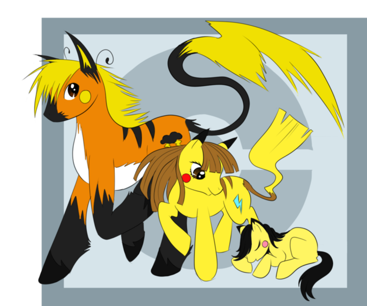 Size: 979x816 | Tagged: safe, artist:savannaeve, derpibooru import, ponified, pichu, pikachu, pony, raichu, eyes closed, looking at you, pokémon, prone, raised hoof, sleeping, smiling, unshorn fetlocks