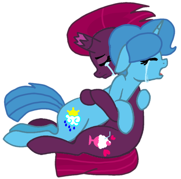 Size: 1027x1013 | Tagged: safe, alternate version, artist:徐詩珮, derpibooru import, fizzlepop berrytwist, spring rain, tempest shadow, pony, unicorn, background removed, base used, broken horn, crying, female, horn, hug, lesbian, mare, shipping, simple background, springshadow, transparent background