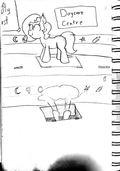 Size: 3046x4317 | Tagged: safe, artist:rusticanon, derpibooru import, oc, oc:dizzy cream, unofficial characters only, bat pony, pony, wingless bat pony, comic:dizzy's daycare, abdl, comic, falling, machine, monochrome, sketch, solo, traditional art, wingless