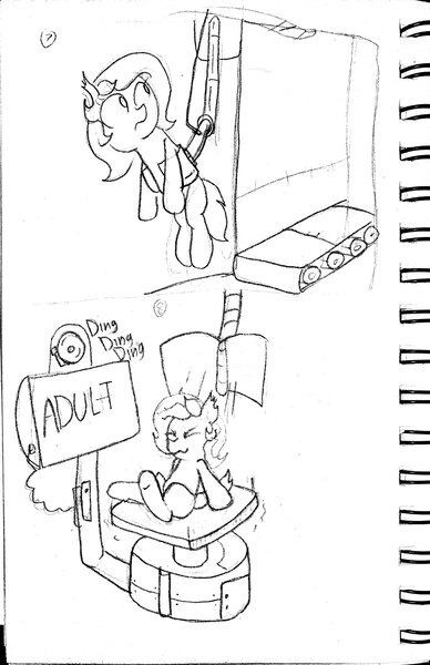 Size: 2778x4294 | Tagged: safe, artist:rusticanon, derpibooru import, oc, oc:dizzy cream, unofficial characters only, bat pony, pony, wingless bat pony, comic:dizzy's daycare, abdl, comic, falling, machine, monochrome, scale, sketch, solo, traditional art, weighing, wingless