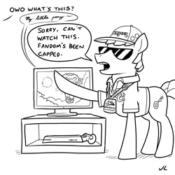 Size: 1440x1440 | Tagged: safe, artist:docwario, derpibooru import, oc, unofficial characters only, pony, bronycon, clothes, lanyard, lineart, opening, owo what's this?, shirt, sunglasses, television, xbox
