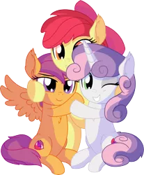 Size: 6535x7882 | Tagged: safe, artist:cyanlightning, derpibooru import, apple bloom, scootaloo, sweetie belle, earth pony, pegasus, pony, unicorn, .svg available, absurd resolution, apple bloom's bow, blushing, bow, cute, cutie mark, cutie mark crusaders, ear fluff, female, filly, glasses, group hug, hair bow, hug, lidded eyes, open mouth, simple background, smiling, spread wings, the cmc's cutie marks, transparent background, trio, vector, wings